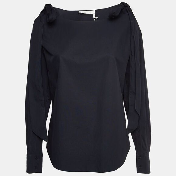 Chloe Navy Blue Poplin Tie-Up Cold Shoulder Blouse M